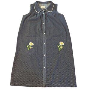 Vintage Polka Dot Embroidered Floral House Smock Dress Snap Button Collar Katz